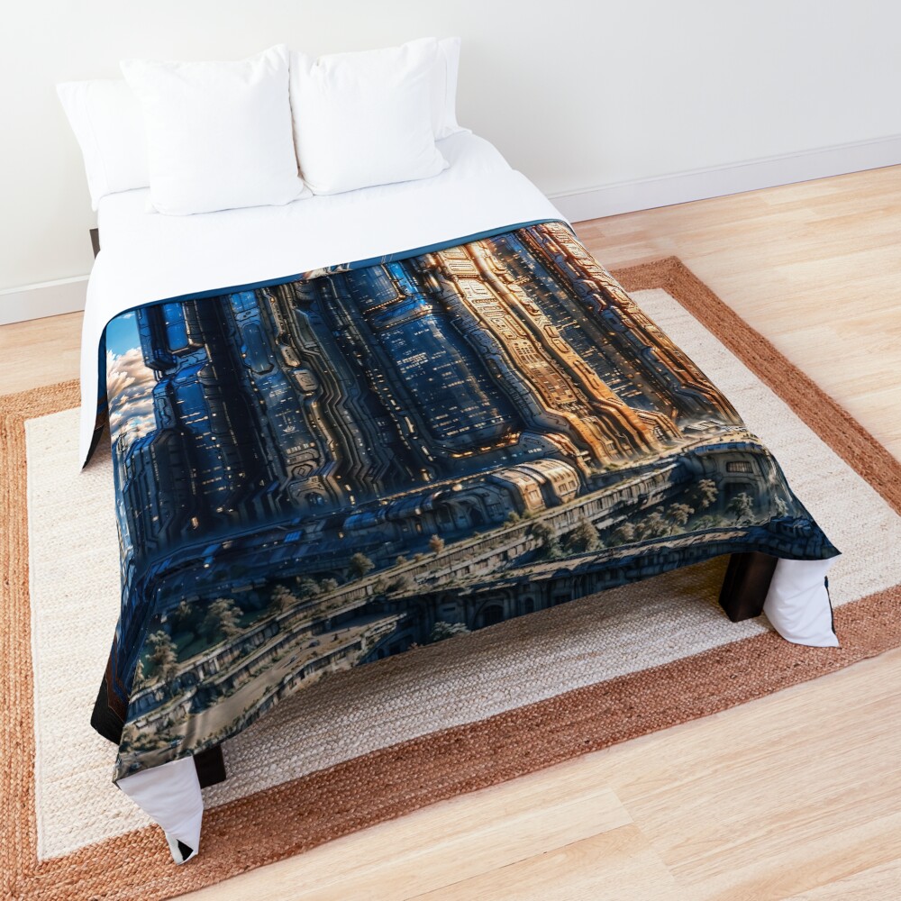 Visionary Urban Landscape Ng Isang Futuristic Copper Metropolis AI Concept Art ni Xzendor7 - Isang Nakamamanghang Cityscape 3 Visionary Urban Landscape Of A Futuristic Copper Metropolis Astounding AI Concept Art by Xzendor7 Decorative Art Print Comforter