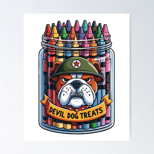 Aperçu de l'œuvre Conception drôle de mangeur de crayons « Devil Dog Treats » du Corps des Marines créée et vendue par SillyPupDesign.