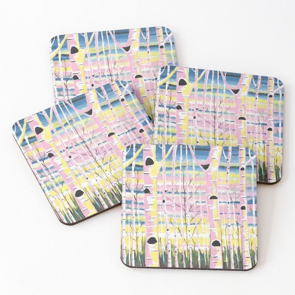Item preview, Pink Yellow Blue Birch Trees Forest Landscape Painting designed and sold by Sartoris Art.
