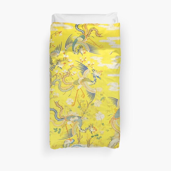 Five Phoenixes in The Garden ,Chinese Imperial Bright Yellow Floral Tapestry Duvet Cover