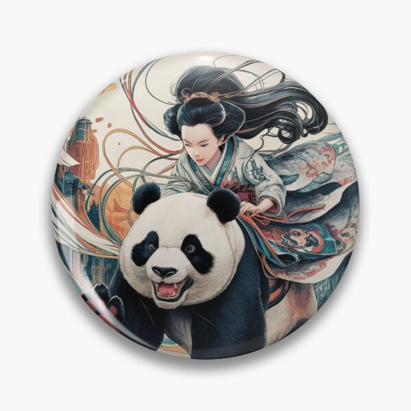 Item preview, Enchanting Futuristic Fusion: Japanese Girl Riding Panda in Watercolor and Ink designed and sold by piketo.