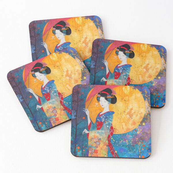 Item preview, Surreal geisha with umbrella in vibrant abstract setting designed and sold by Artessie.