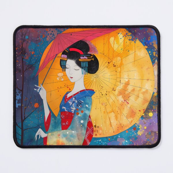 Item preview, Surreal geisha with umbrella in vibrant abstract setting designed and sold by Artessie.