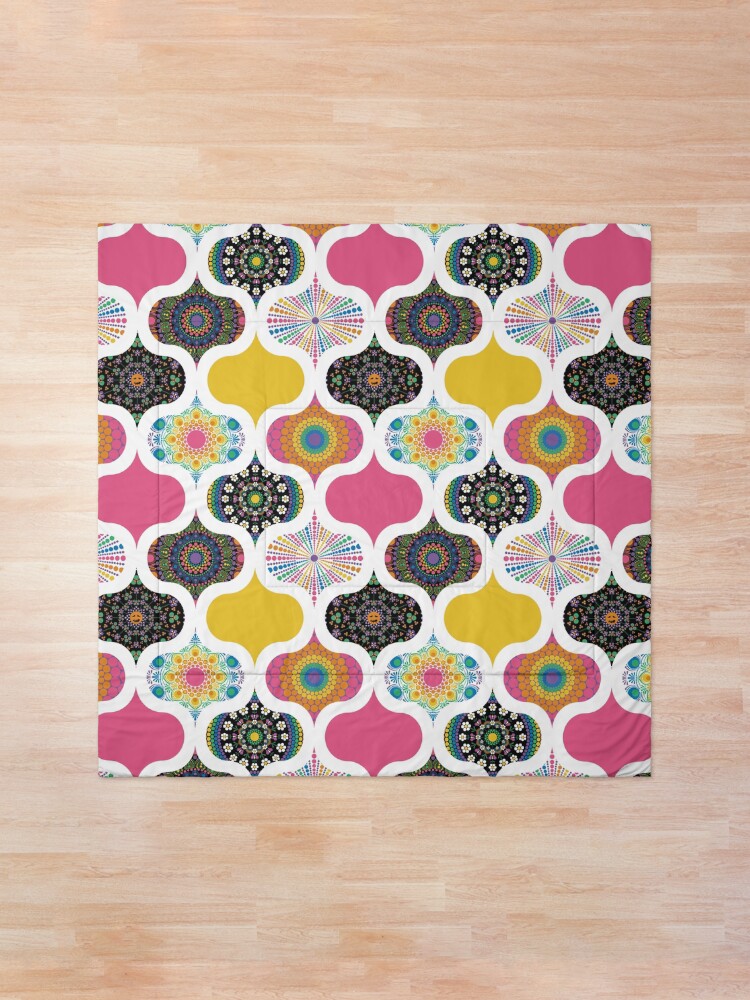 Comforter, Maximalist Rainbow Dot Mandalas Ogee Patchwork Cheater Quilt designed and sold by Triplicate Limited