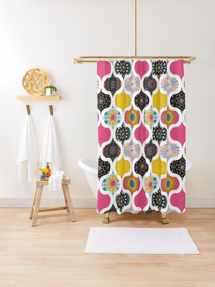 Shower Curtain, Maximalist Rainbow Dot Mandalas Ogee Patchwork Cheater Quilt designed and sold by Triplicate Limited