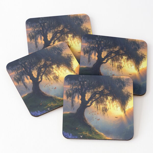 Item preview, A serene tree on a hill with butterflies and sunset designed and sold by Artessie.