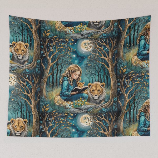 Item preview, Moonlit Girl Reads with Pet Lions designed and sold by IvaRenee.