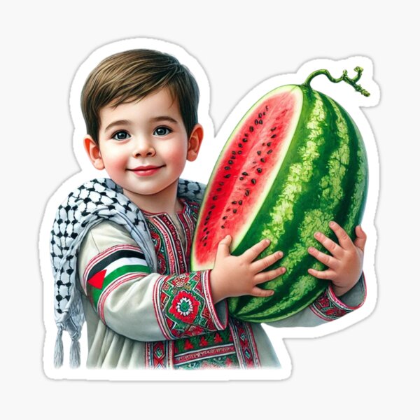 Artikel-Vorschau von Palästinensischer Junge mit Wassermelone und Kufiya traditionelle Muster Free Palestine Free Gaza, designt und verkauft von Annika Shurafa.