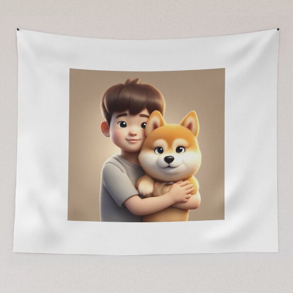 Item preview, Cute Boy Holding Shiba Inu Dog Cartoon Vector Icon designed and sold by hjian8219.