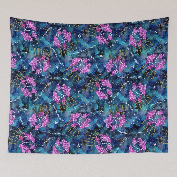 Item preview, Pisces: February 19 - March 20. Pisces Zodiac non directional print in alcohol ink and watercolor with simulated gold glitter accents. designed and sold by KariSmithDes.