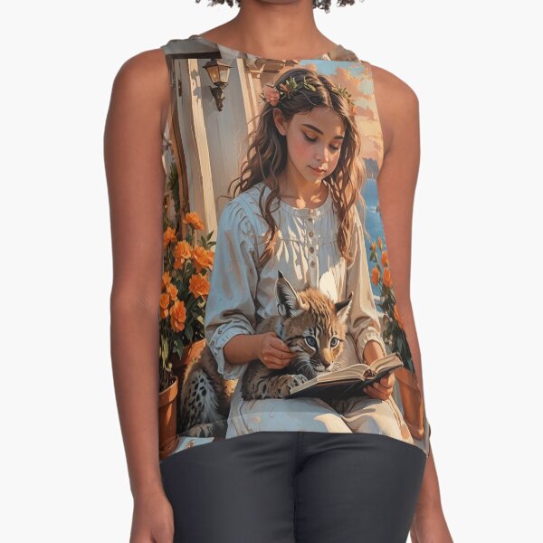 Item preview, Sunset Balcony Girl Reads with Lynx Cub designed and sold by IvaRenee.