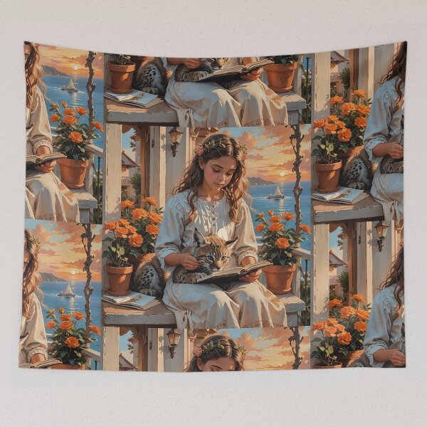 Item preview, Sunset Balcony Girl Reads with Lynx Cub designed and sold by IvaRenee.