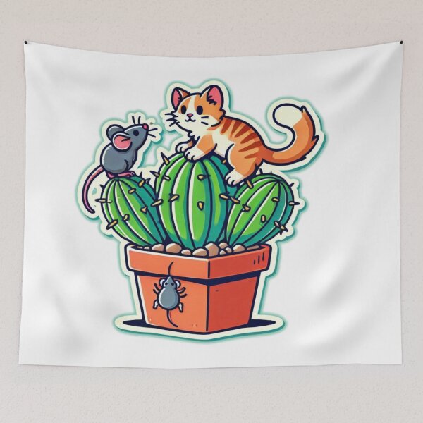 Item preview, Kawaii Cactus Climber - red cat, gray mouse designed and sold by DotLineColor.