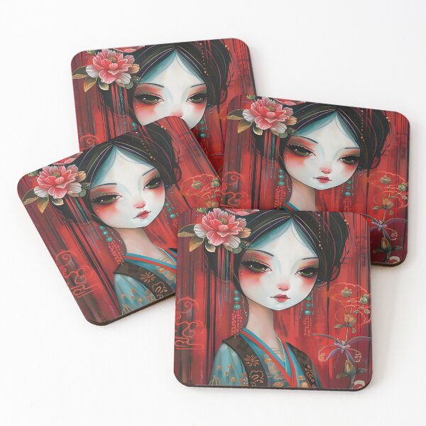 Item preview, Traditional Asian woman in elaborate floral headdress art designed and sold by Artessie.