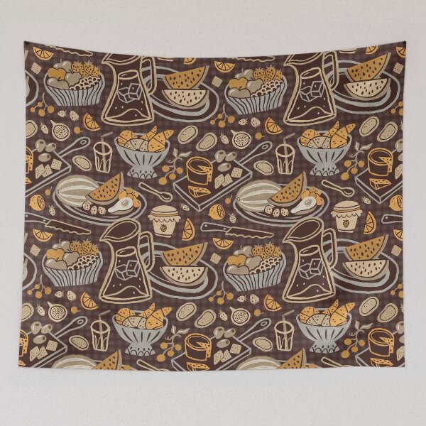Item preview, Retro picnic pattern, ochre yellow on chocolate brown designed and sold by Miss-Belle.