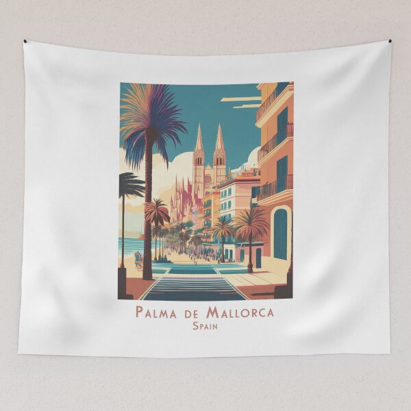 Item preview, Retro travel poster of Palma de Mallorca, Spain - Vintage cathedral and seafront promenade designed and sold by pod24.