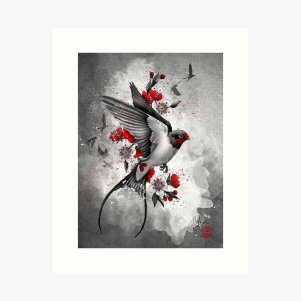 Aperçu de l'œuvre hirondelles et sakuras créée et vendue par marineloup-art.