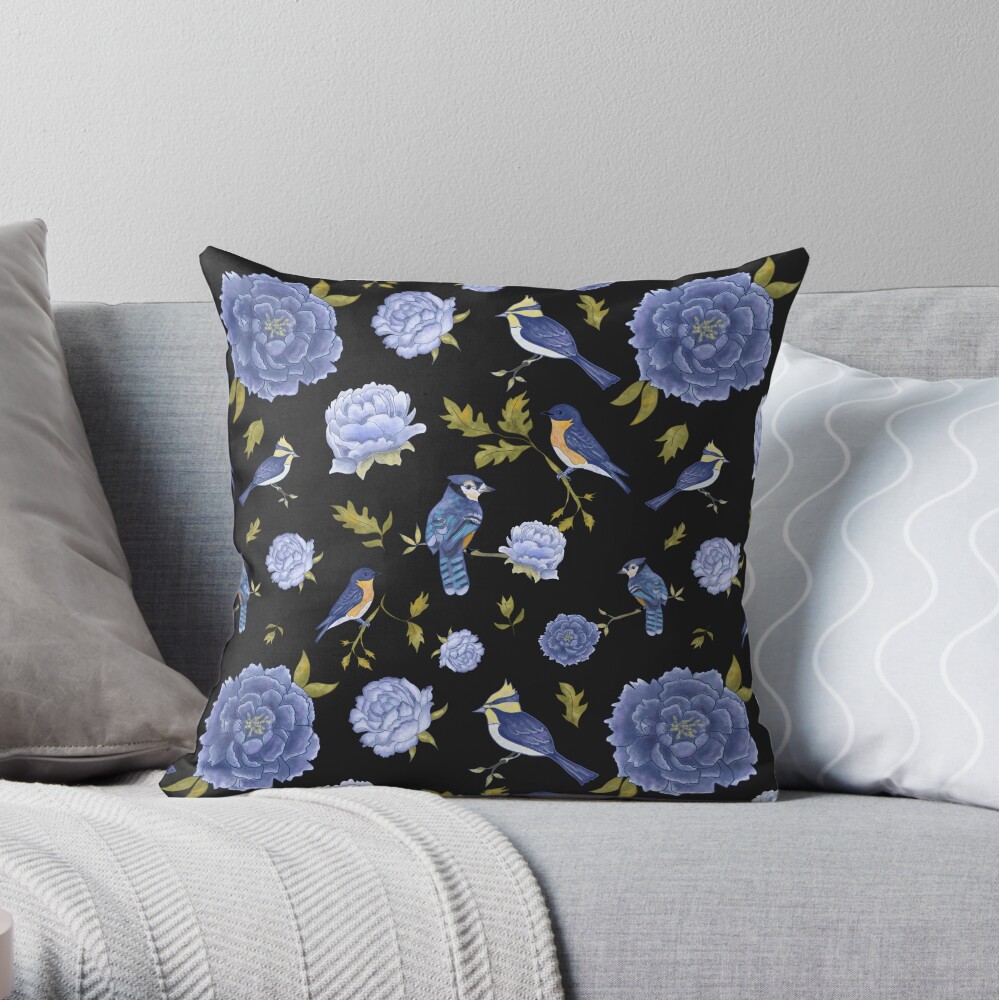 Peonies and blue birds on black backdrop Throw Pillow