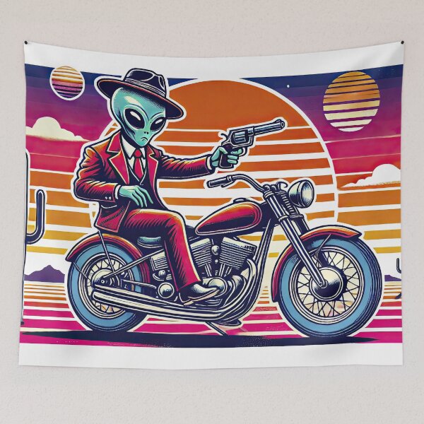 Item preview, Gangster Alien on Motorcycle | Cool Extraterrestrial Biker Art designed and sold by KawaiiCherryPie.