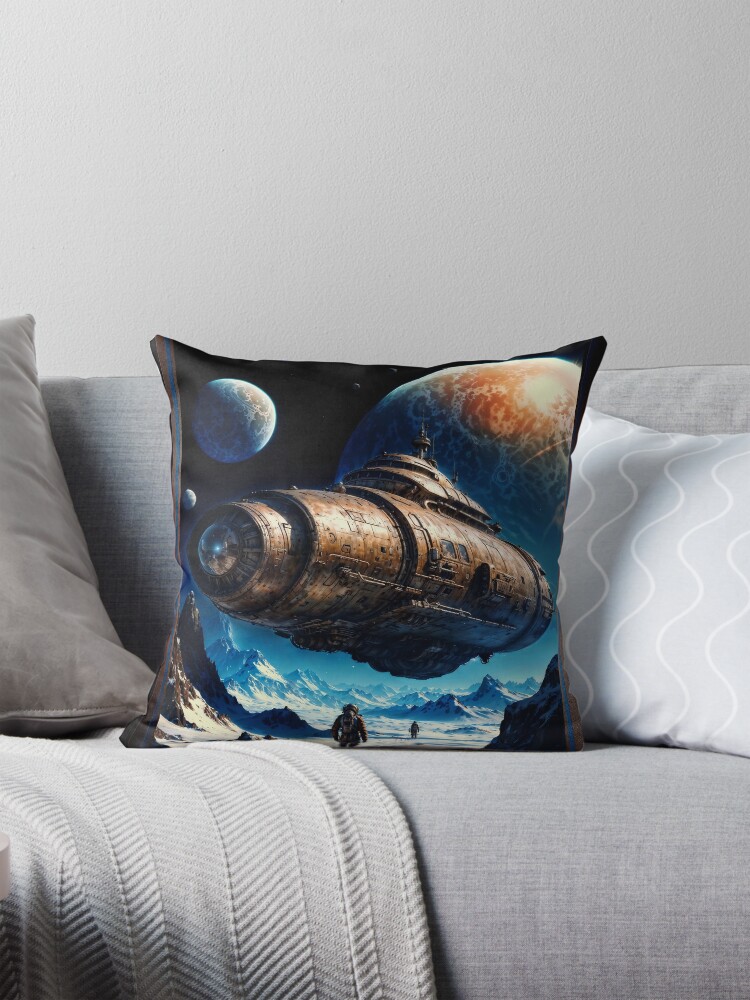 The Haivous A Futuristic Interstellar Spacecraft Hovers Over An Alien Planet Astounding AI Concept Art by Xzendor7 Decorative Art Print Throw Pillow