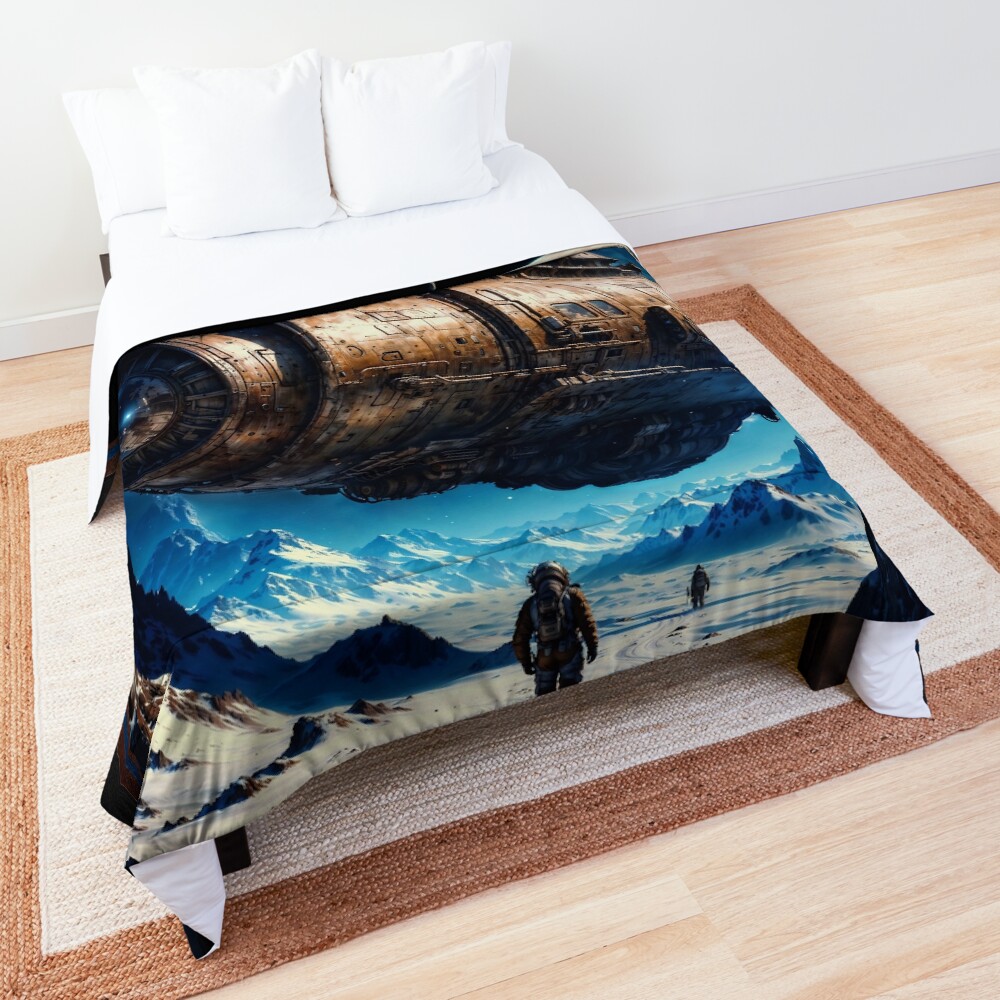 The Haivous A Futuristic Interstellar Spacecraft Hovers Over An Alien Planet Astounding AI Concept Art by Xzendor7 Decorative Art Print Comforter