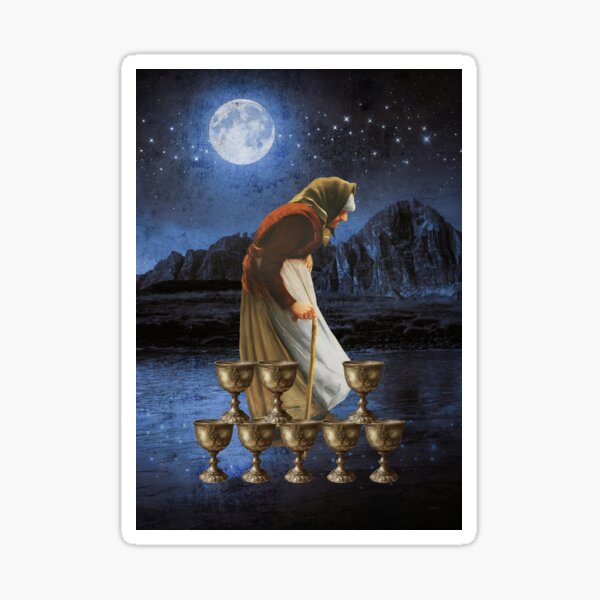 Eight Cups Tarot Elderly Woman Landscape Illustration Journey Sticker