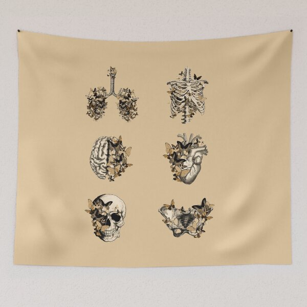 Item preview, Anatomy collection, beige butterflies with Human anatomy, parts of human anatomy, heart, brain, lungs, rib cage, pelvis, skull designed and sold by Collagedream.