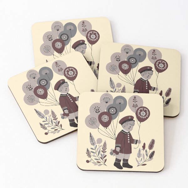 Item preview, A vintage illustration of a little boy in a Scandinavian folk art style, with balloons designed and sold by NineSketch.