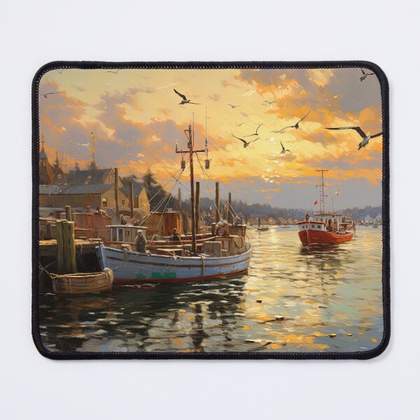 Item preview, Old boats in harbor at sunrise - Acrylic landscape painting designed and sold by TheArtistOf2022.