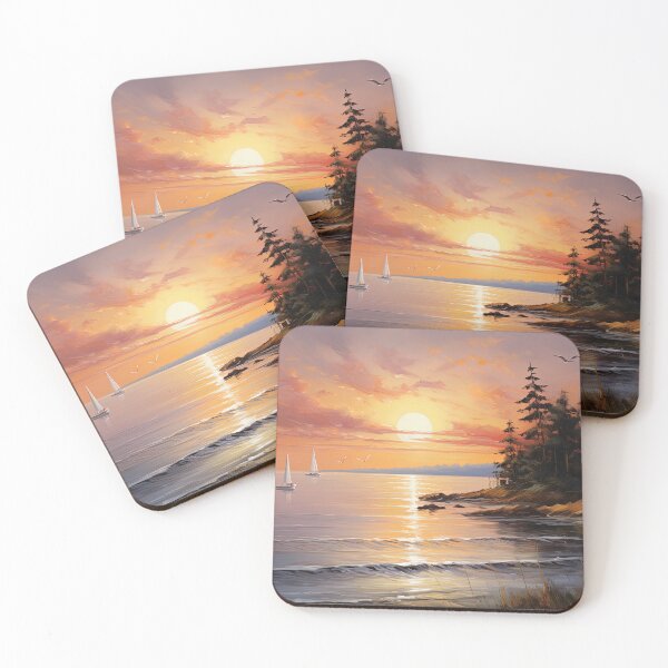 Item preview, Sandy beach at sunset with sailing boats - Landscape painting designed and sold by TheArtistOf2022.