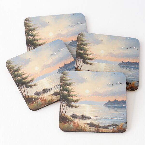 Item preview, Sandy beach at sunset with sailing boats - Landscape painting designed and sold by TheArtistOf2022.