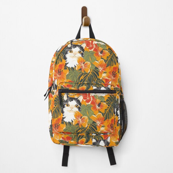 Item preview, Black and White Cat, Orange Flower Themed Hawaiian Shirt - Tropical Feline Fun designed and sold by zwrohn.