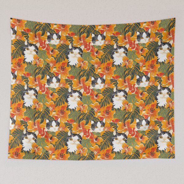 Item preview, Black and White Cat, Orange Flower Themed Hawaiian Shirt - Tropical Feline Fun designed and sold by zwrohn.