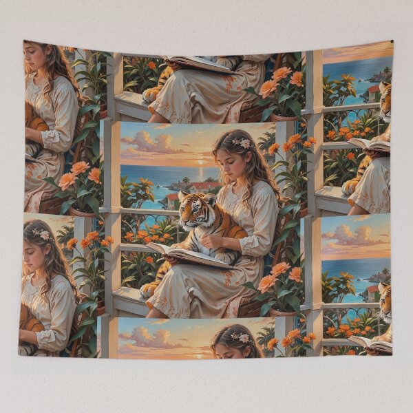 Item preview, Sunset Beach Balcony Nightgown Reader With Tiger  designed and sold by IvaRenee.