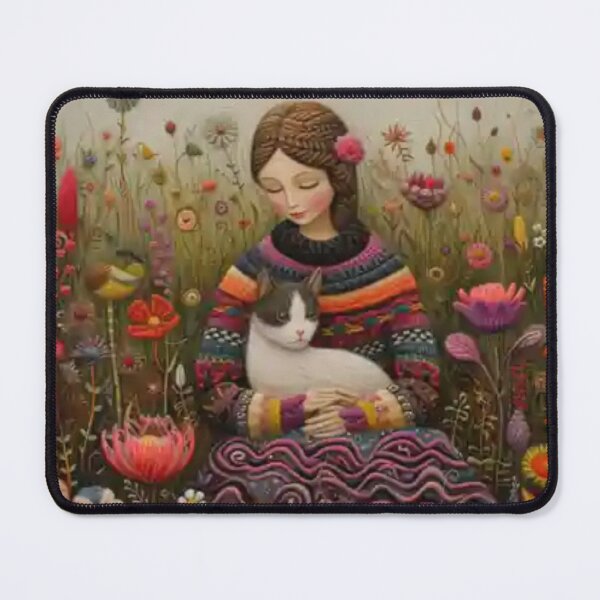 Item preview, Cat on Her Lap Tapestry Embroidery FolkArt, gift for embroiderers, cat lovers, traditional craft lovers designed and sold by ANotiontoKnit.