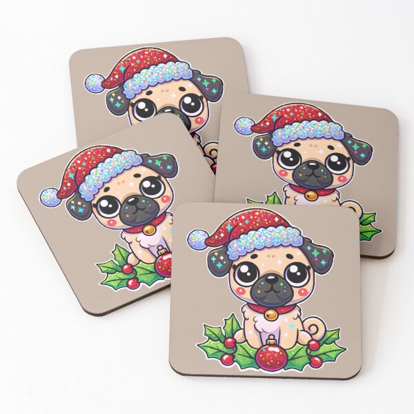 Item preview, Festive Glitter Pug with Santa Hat and Christmas Holly designed and sold by CritterManiaUK.