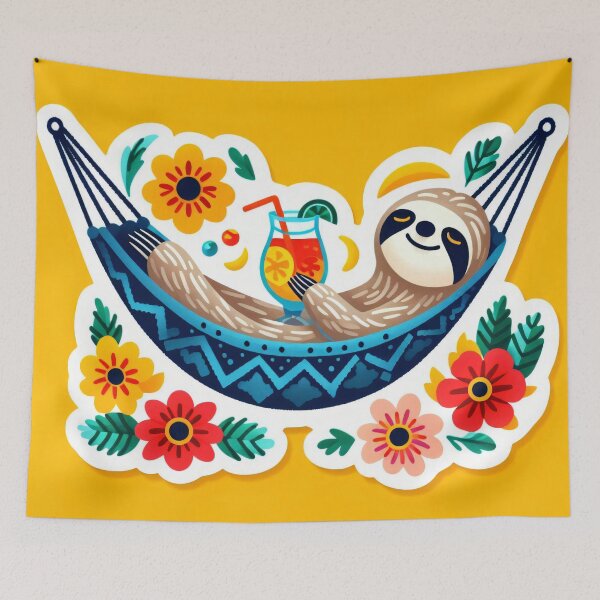 Item preview, Scandinavian Folk Art cute Sloth relaxing in a hammock with a tropical cocktail by heidiannemorris designed and sold by FOLK ART FUSION by heidiannemorris.