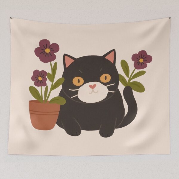 Item preview, Cute funny chubby kitty and purple pansies. designed and sold by SaraSumi.
