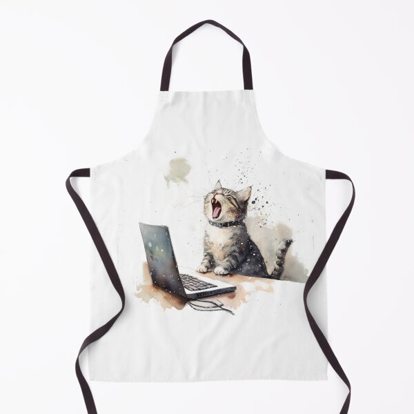 Aperçu de l'œuvre Chat qui bâille avec un ordinateur portable à l'aquarelle créée et vendue par BeefStroganof.