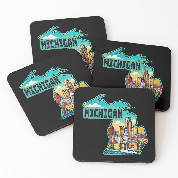 Artikelvorschau, Michigan State Map USA Skyline und Sehenswürdigkeiten Illustration - Reise-Souvenir-Kunst entworfen und verkauft von Unitepeople.