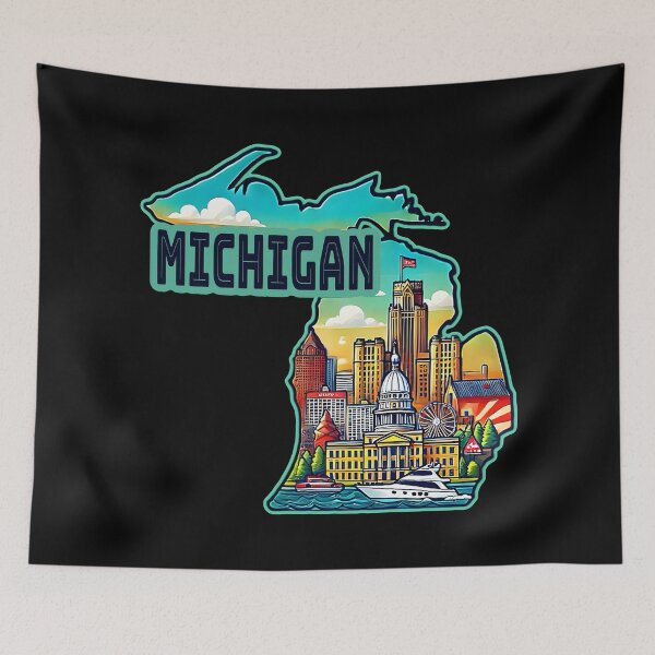 Item preview, Michigan State Map USA Skyline and Landmarks Illustration- travel souvenir art designed and sold by Unitepeople.