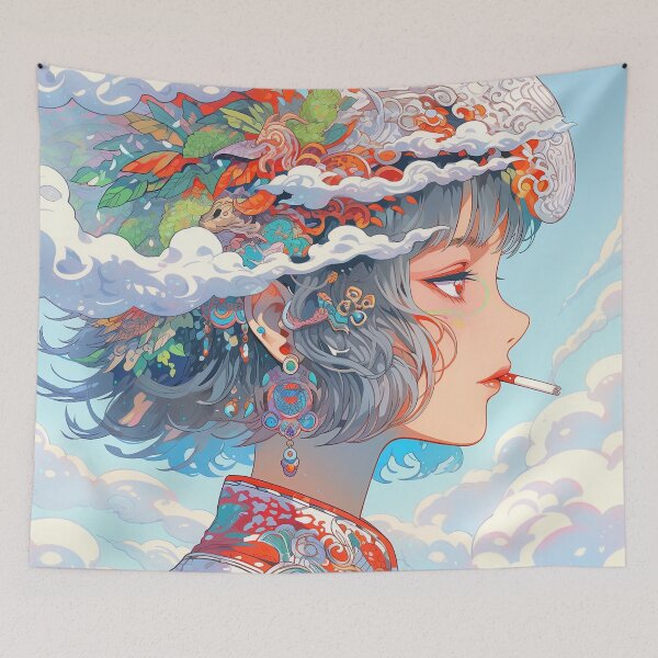 Item preview, Colorful Ornate Smoking Clouds Anime Girl designed and sold by bubblegoth.