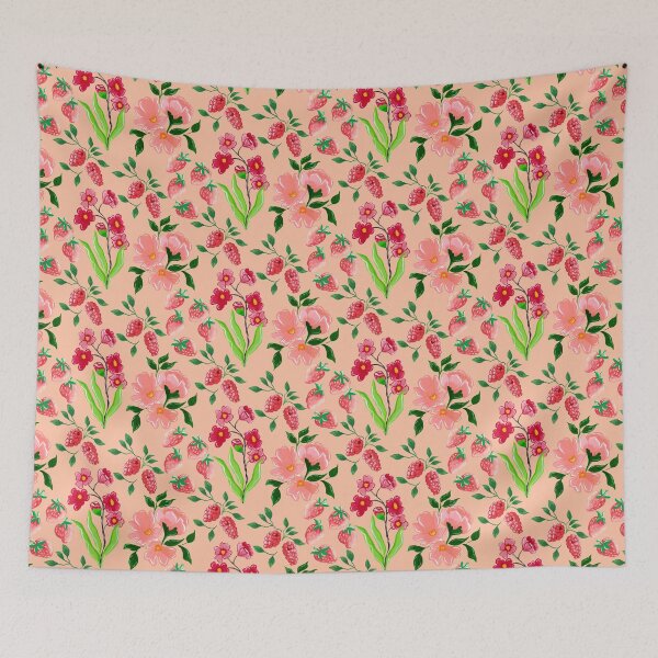 Item preview, Hand painted painterly gouache raspberries, strawberries and, pink and red flowers on a peach background designed and sold by JasmineGDesigns.