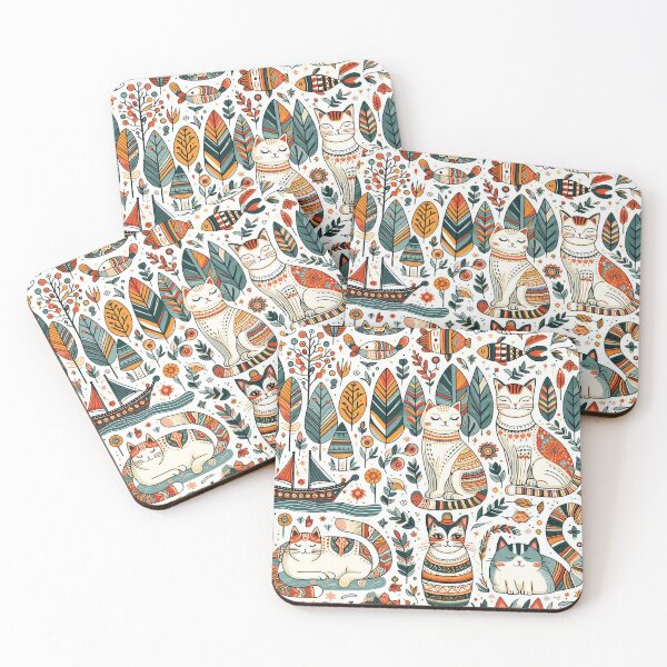 Item preview, Folk art colourful cats with trees and flowers designed and sold by Silbays.