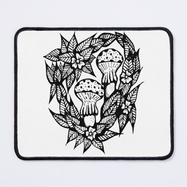 Item preview, Mushrooms With Leaf Border And Flowers Grayscale  designed and sold by KayTurtless.