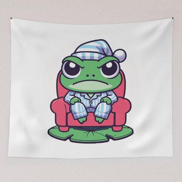 Item preview, Grumpy Frog in Pajamas Sitting on a Red Sofa designed and sold by Colorful Dreams.