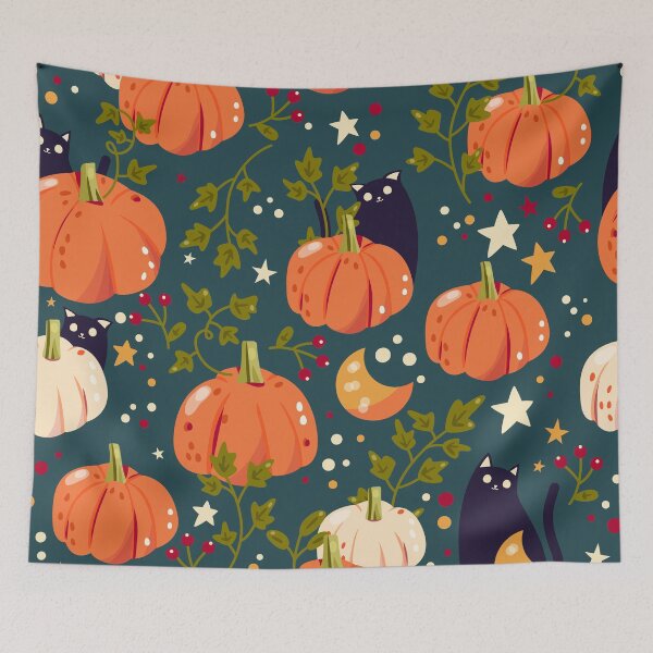 Item preview, Pumpkins and cats on dark green designed and sold by BlueLela.