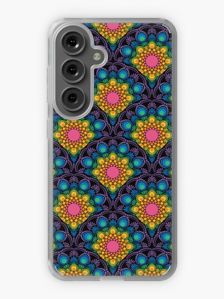 Samsung Galaxy Phone Case, Black Maximalist Rainbow Floral Fountain Art Deco Scallop designed and sold by Triplicate Limited