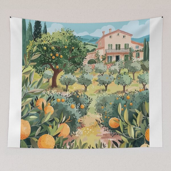 Item preview, Orange Tree Art Print, Mediterranean Wall Decor, Orange Tree Fields Poster, Citrus Orchard Illustration designed and sold by vinciellastudio.