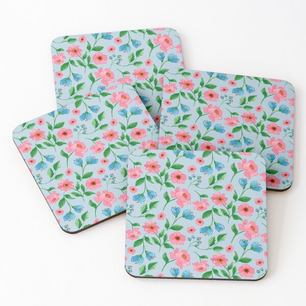 Item preview, Hand painted painterly gouache pink flowers and blue flowers on a light blue background designed and sold by JasmineGDesigns.